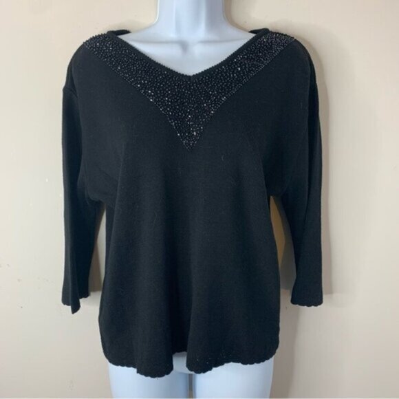 Vintage 90s Dolce Bella Wool Sequin Embroidery Sweater Black Scalloped Hem L - Picture 6 of 11